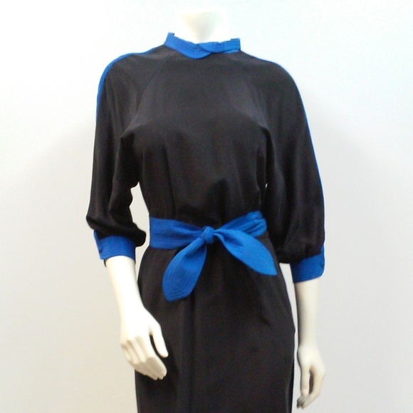 Vintage Dresses & Skirts - 80s Black 100% Silk Dress Asian Inspired Secretary Party Cocktail Dress